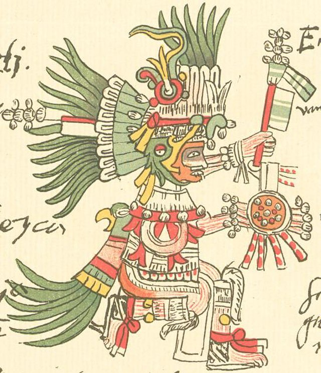 Huitzilopochtli (Aztèques, Mésoamérique). Dieu de la guerre, du soleil et patron de la capitale aztèque, Tenochtitlan. Huitzilopochtli est également associé à la victoire et au sacrifice humain pour maintenir l'ordre cosmique.