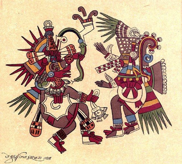 Tezcatlipoca (Aztèques). Bien que principalement un dieu de la nuit, il a aussi un rôle dans les conflits et les intrigues de guerre.