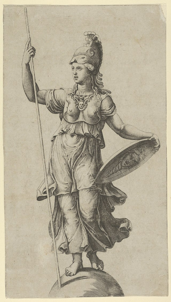 Athena (Ancient Greece). Goddess of wisdom but also of strategy and intelligence in war. Athena symbolizes just war, protection, and military strategy.